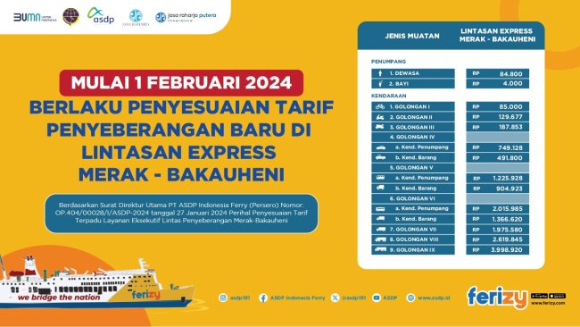 ASDP Berlakukan Penyesuaian Tarif Layanan Ekpress Merak-Bakauheni mulai 1 Februari 2024