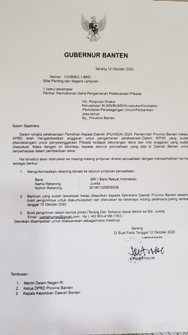 Awas! Beredar Surat Palsu Atas namakan Gubernur Banten