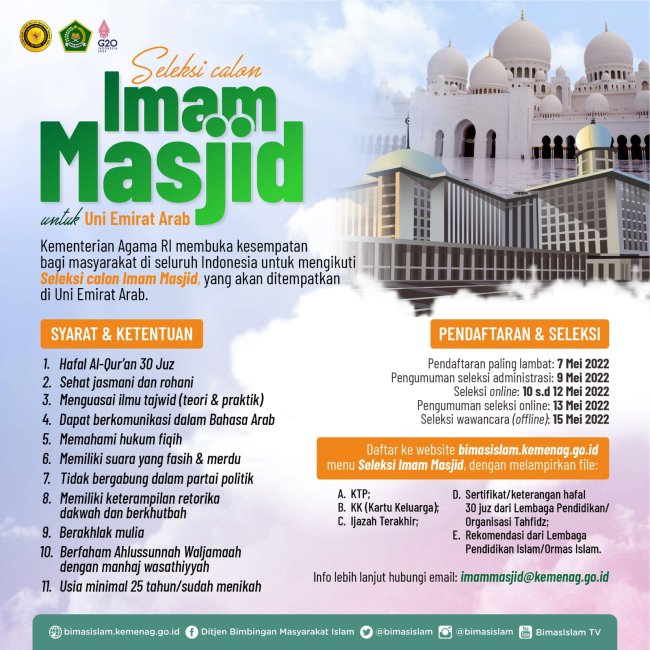 Kemenag Kembali Buka Seleksi Imam Masjid Uni Emirat Arab, Ini Syaratnya