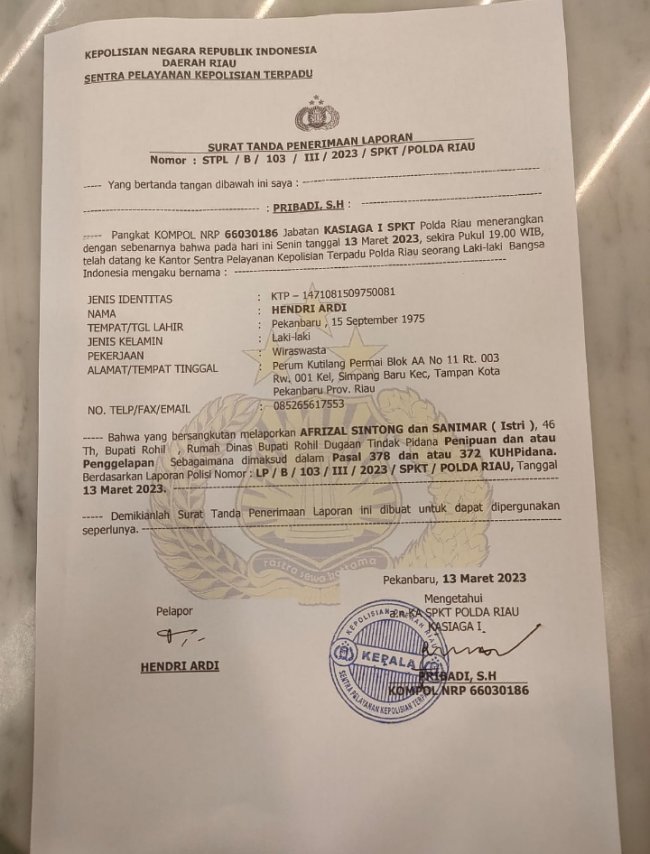 Ketua DPD KNPI Provinsi Riau Bersuara Terkait Kasus Bupati Rohil  