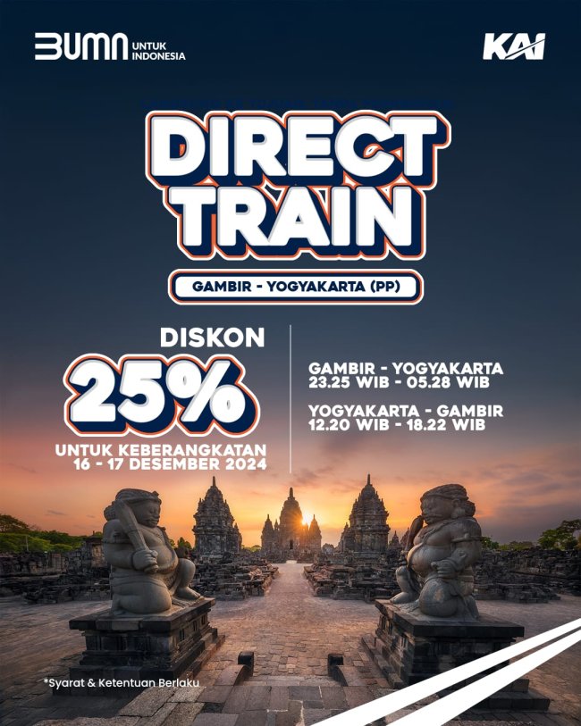 Promo Diskon 25 persen, KAI Hadirkan Layanan Direct Train Rute Gambir-Yogyakarta