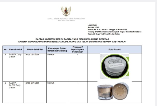 Tidak Miliki Izin Edar, BPOM Ambil Langkah Tegas Berantas Peredaran Kosmetik Ilegal Merk TABITA GLOW